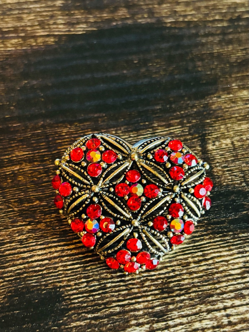 Red Crystal Heart Brooch with Antique-Gold Filigree